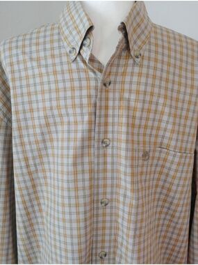 Timberland Men's Light Yellow and Gray Plaid Button-Down Shirt Large